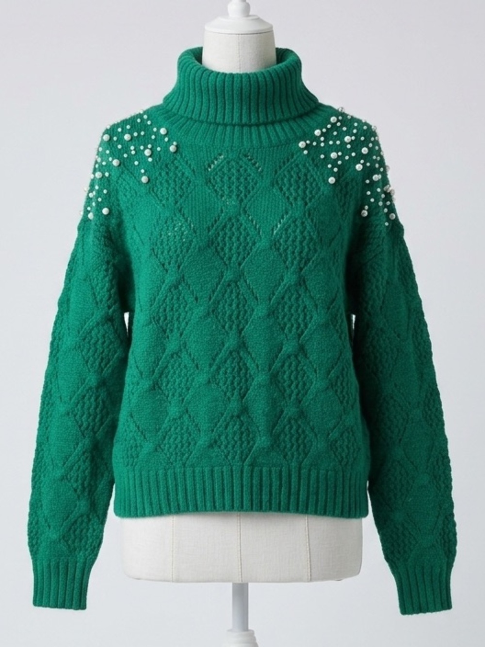Kelly Green Cable Knit Sweater Pearl Embellished Turtleneck Jolio & Co Medium